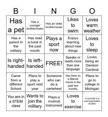New Student Bingo Card