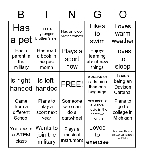 New Student Bingo Card