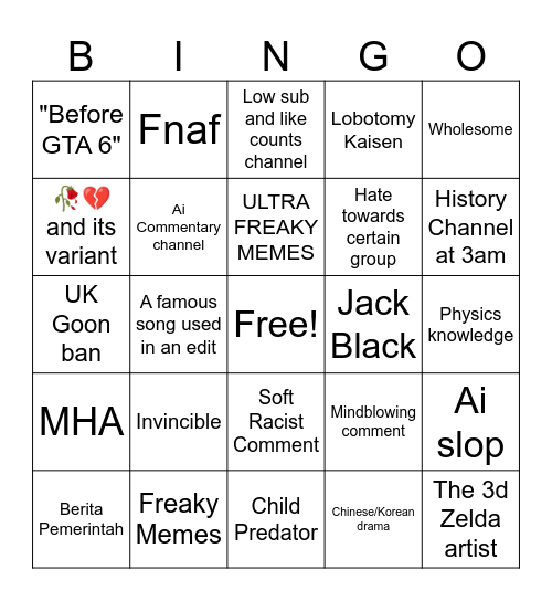 YT Shorts Bingo within 3 days Bingo Card