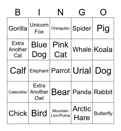 Animal Bingo Card