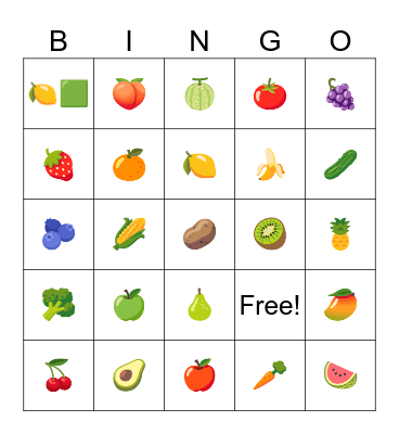 Fruit and veggie Bingo Card