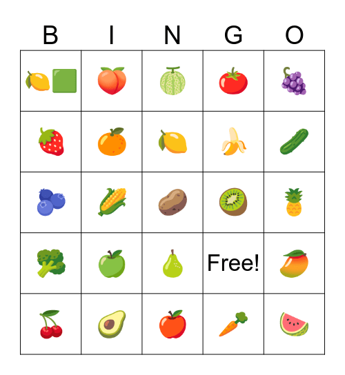Fruit and veggie Bingo Card