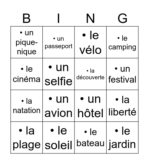 Vocabulaire "les vacances" Bingo Card