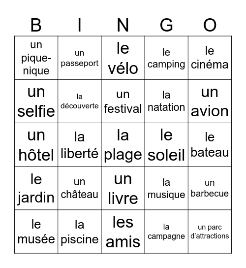 Vocabulaire "les vacances" Bingo Card