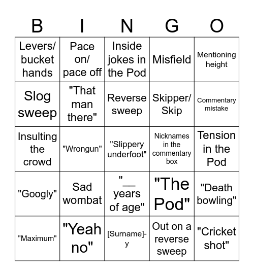 Cricket Bingo Card