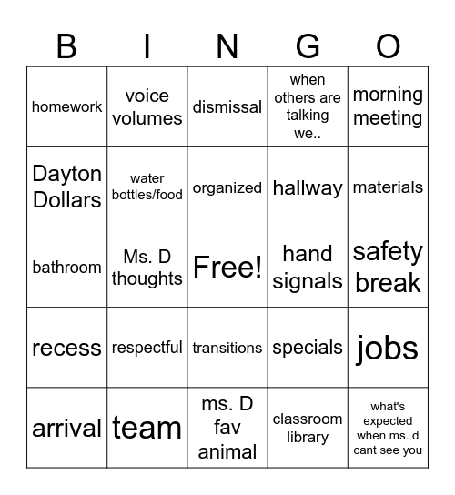 4th grade expectations Bingo Card