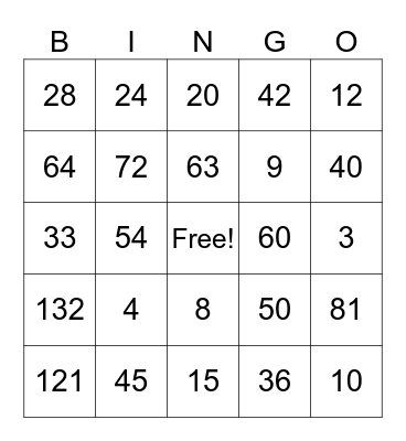 Multiplication BINGO Card