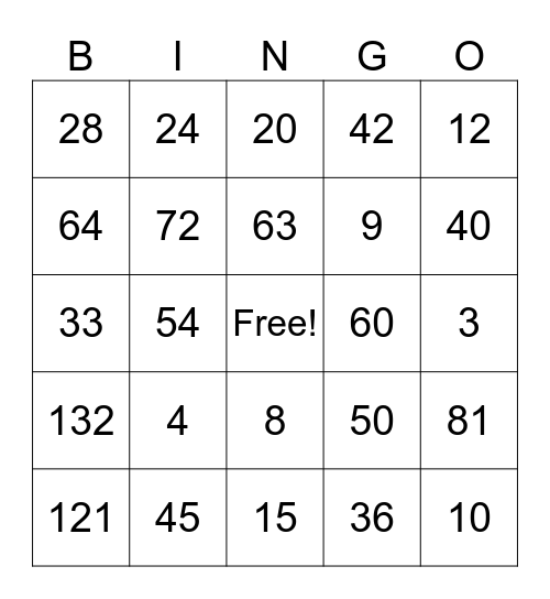 Multiplication BINGO Card