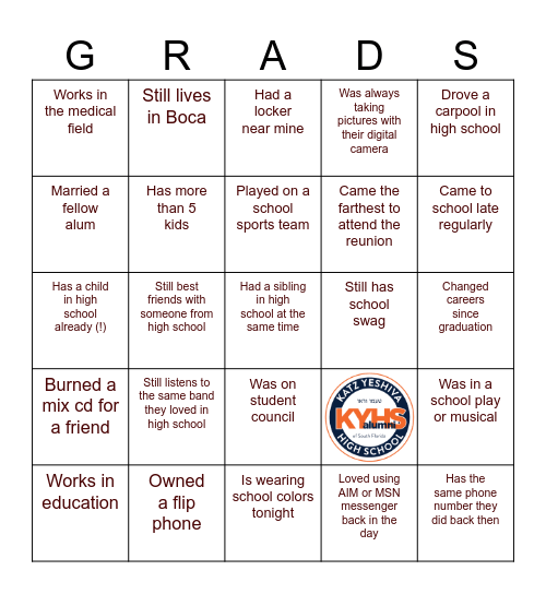 The First Five Years Reunion Bingo Card