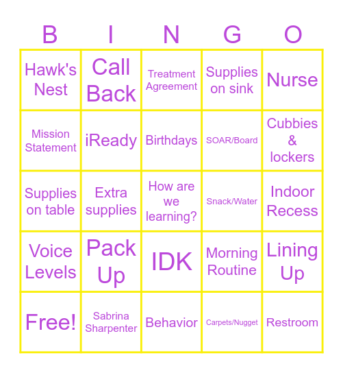 Routines and Procedures Bingo Card