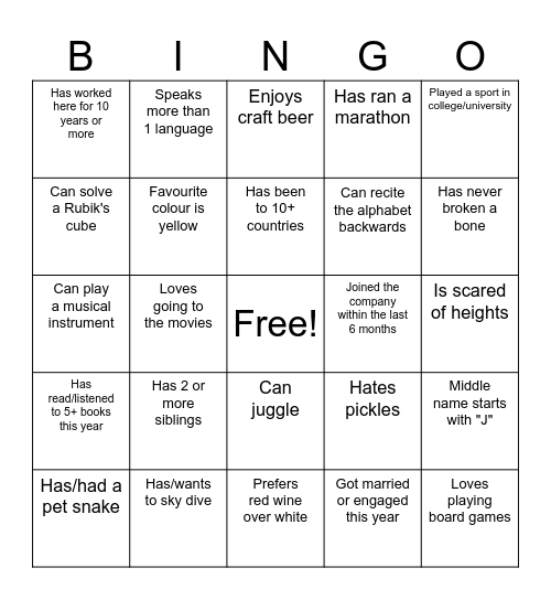 People Bingo! Find someone who... Bingo Card