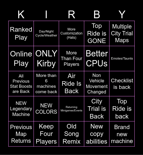 KIRBY Bingo Card
