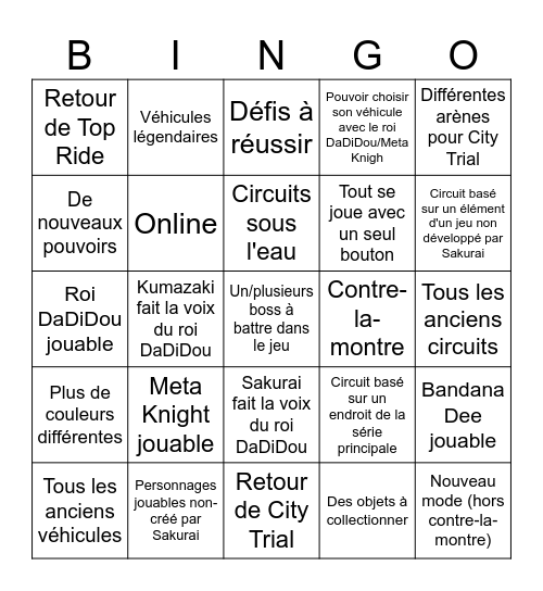 Kirby Air Riders Bingo Card