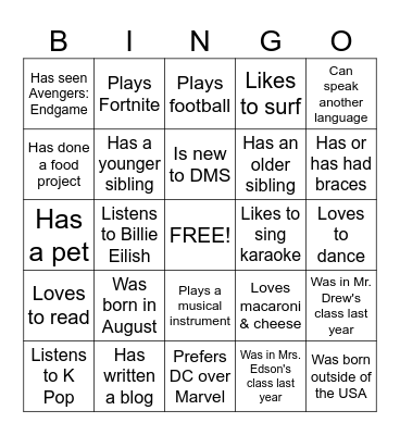 7th Grade Human Bingo Card