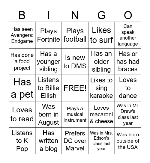 7th Grade Human Bingo Card