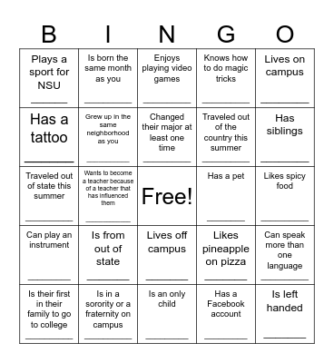 First Day of Class Bingo Card