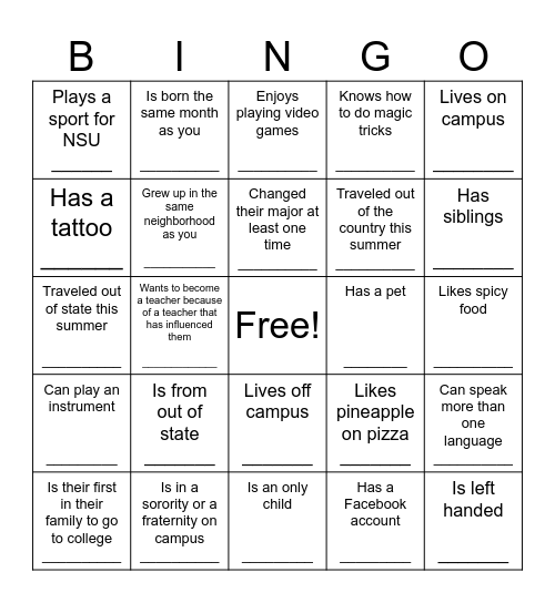 First Day of Class Bingo Card