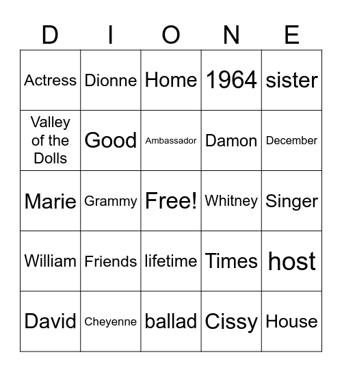 Dionne Warwick Bingo Card