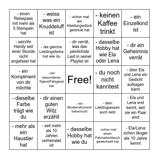Finde jemand der/die Bingo Card