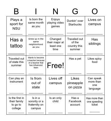 First Day of Class Bingo Card