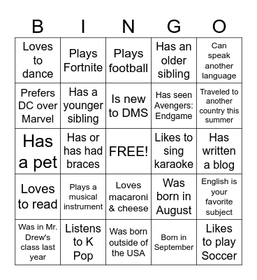 7th Grade Human Bingo Card