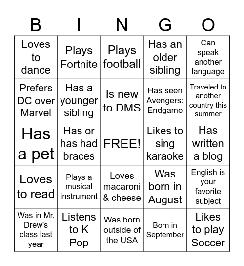7th Grade Human Bingo Card