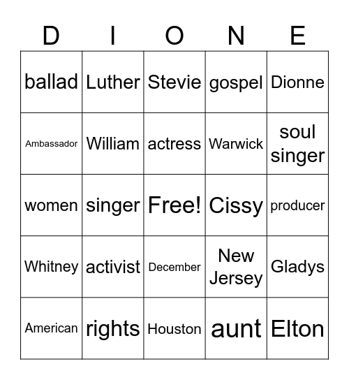 Dionne Warwick 3 Bingo Card
