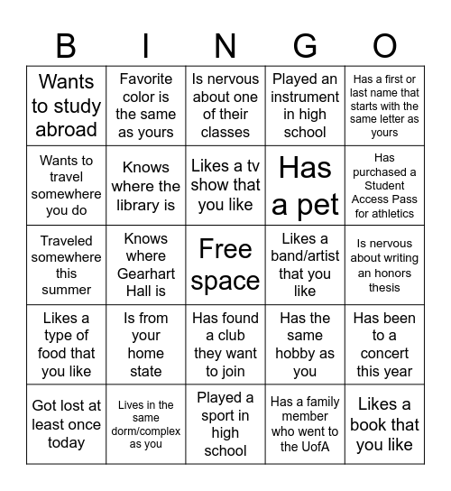 First day of college Bingo Card