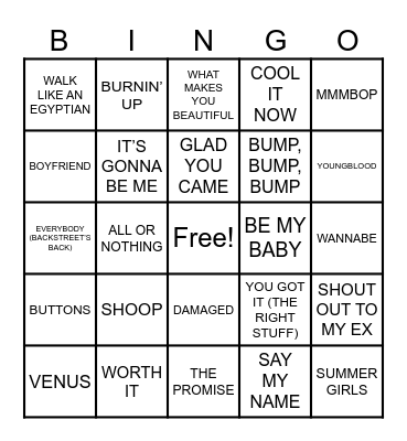Summit Events BINGO Boy Bands vs Girl Groups Bingo Card