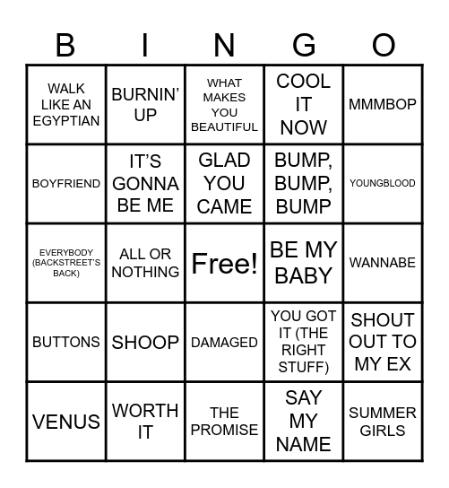 Summit Events BINGO Boy Bands vs Girl Groups Bingo Card