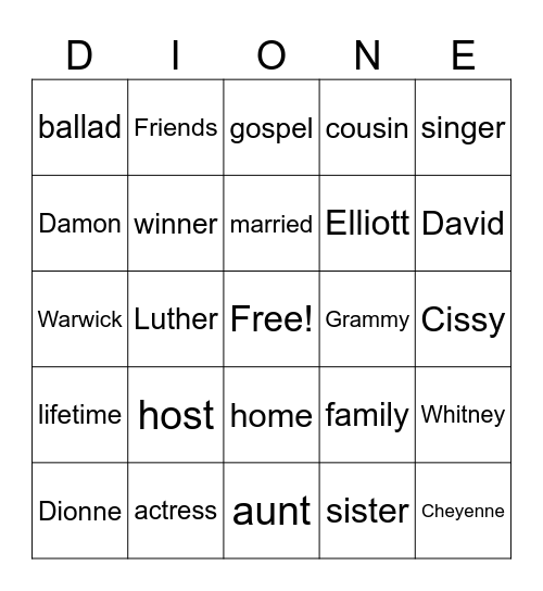 Dionne Warrick 4 Bingo Card