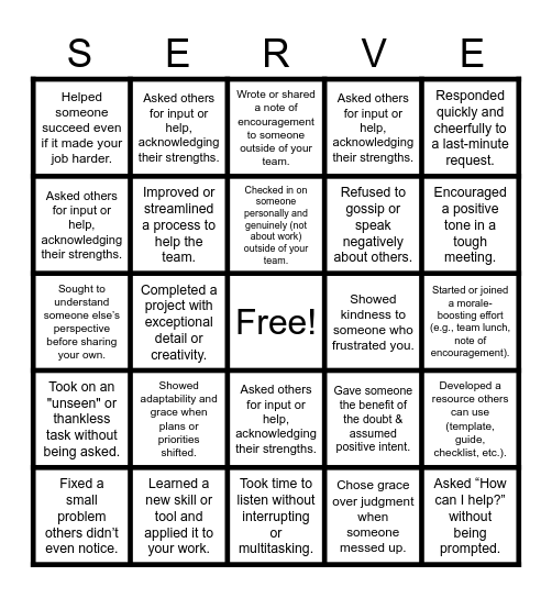 Q1: SERVE Bingo Card