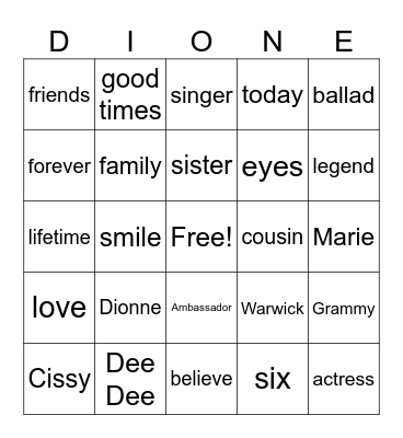 Dionne Warwick 5 Bingo Card