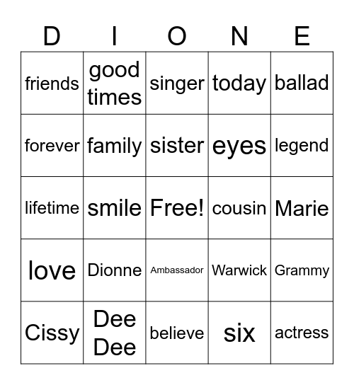 Dionne Warwick 5 Bingo Card