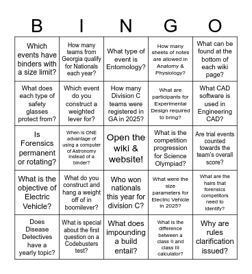 Science Olympiad Wiki and Website Bingo Card