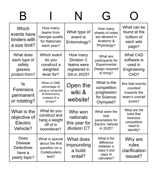 Science Olympiad Wiki and Website Bingo Card