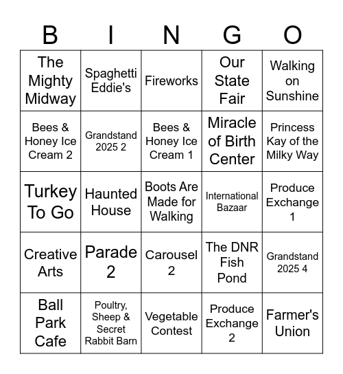 STATE FAIR 16 BAR Bingo Card