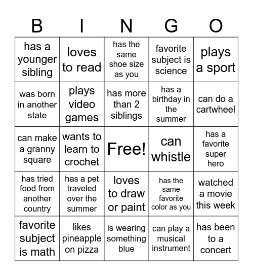 Find a Friend Bingo Card