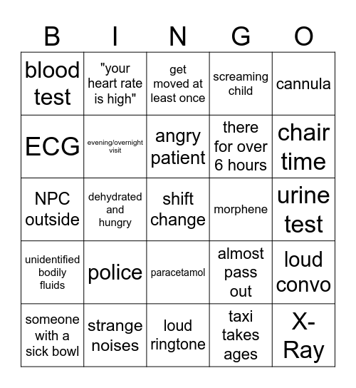 hospital visit Bingo Card