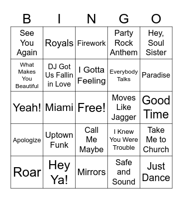 Pop Songs 2000-2010 Bingo Card