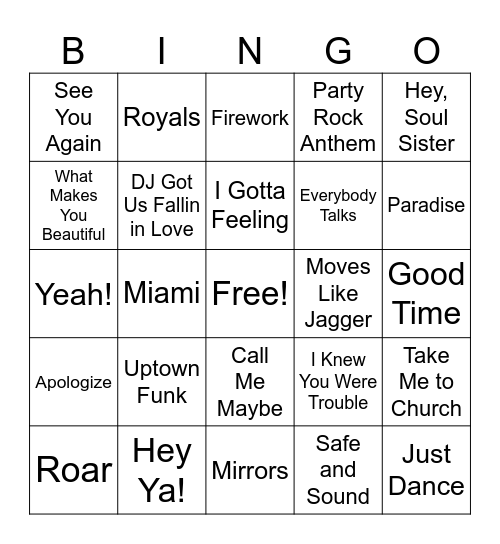Pop Songs 2000-2010 Bingo Card