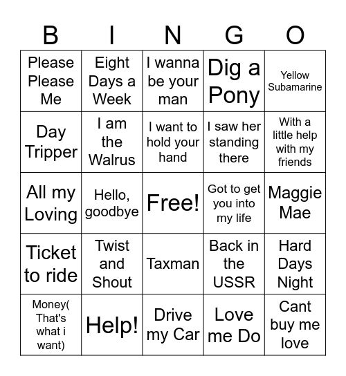 BEATLES SINGO Bingo Card