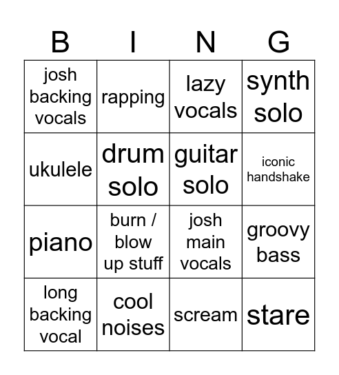 "Drum Show" Music Video Bingo Card