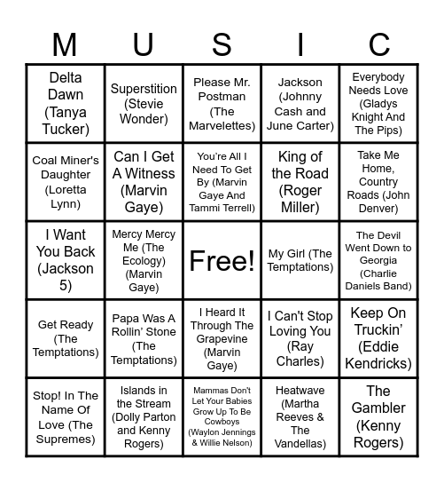 Motown/Country Bingo Card