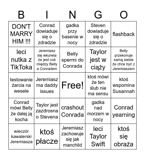 Lato w którym rozjebałam rodzinę odc. 7 Bingo Card