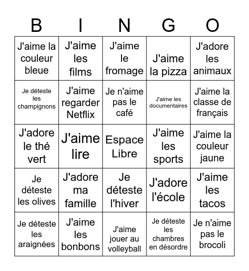 J'adore, J'aime, Je n'aime pas, Je déteste Bingo Card