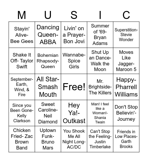 OGGI Music Bingo Card