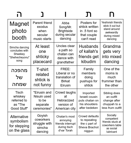 Liberal Orthodox Wedding Bingo Card