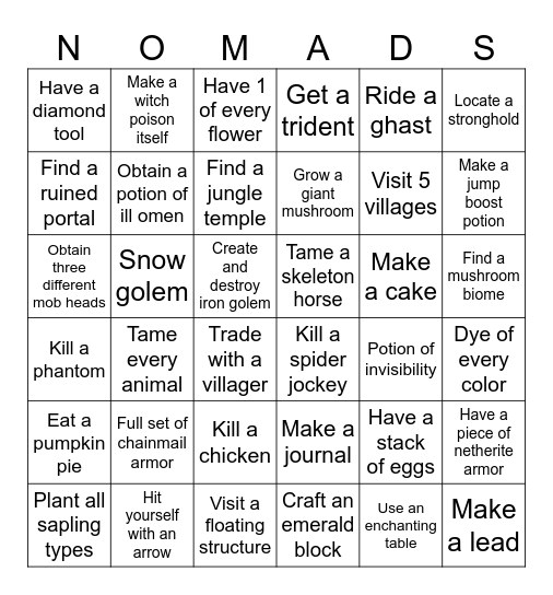 Nomad Bingo Card