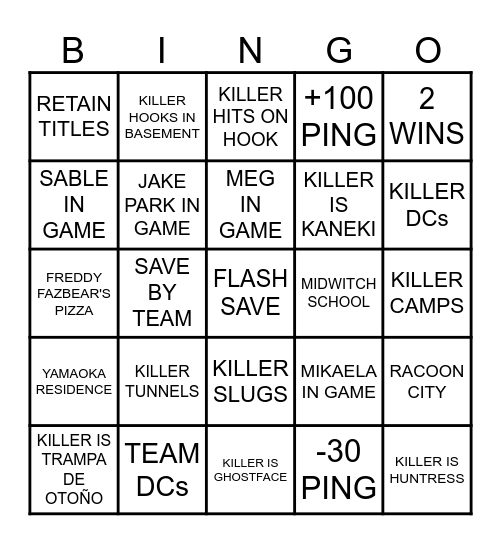 DEAD BY DAYLIGHT Bingo Card